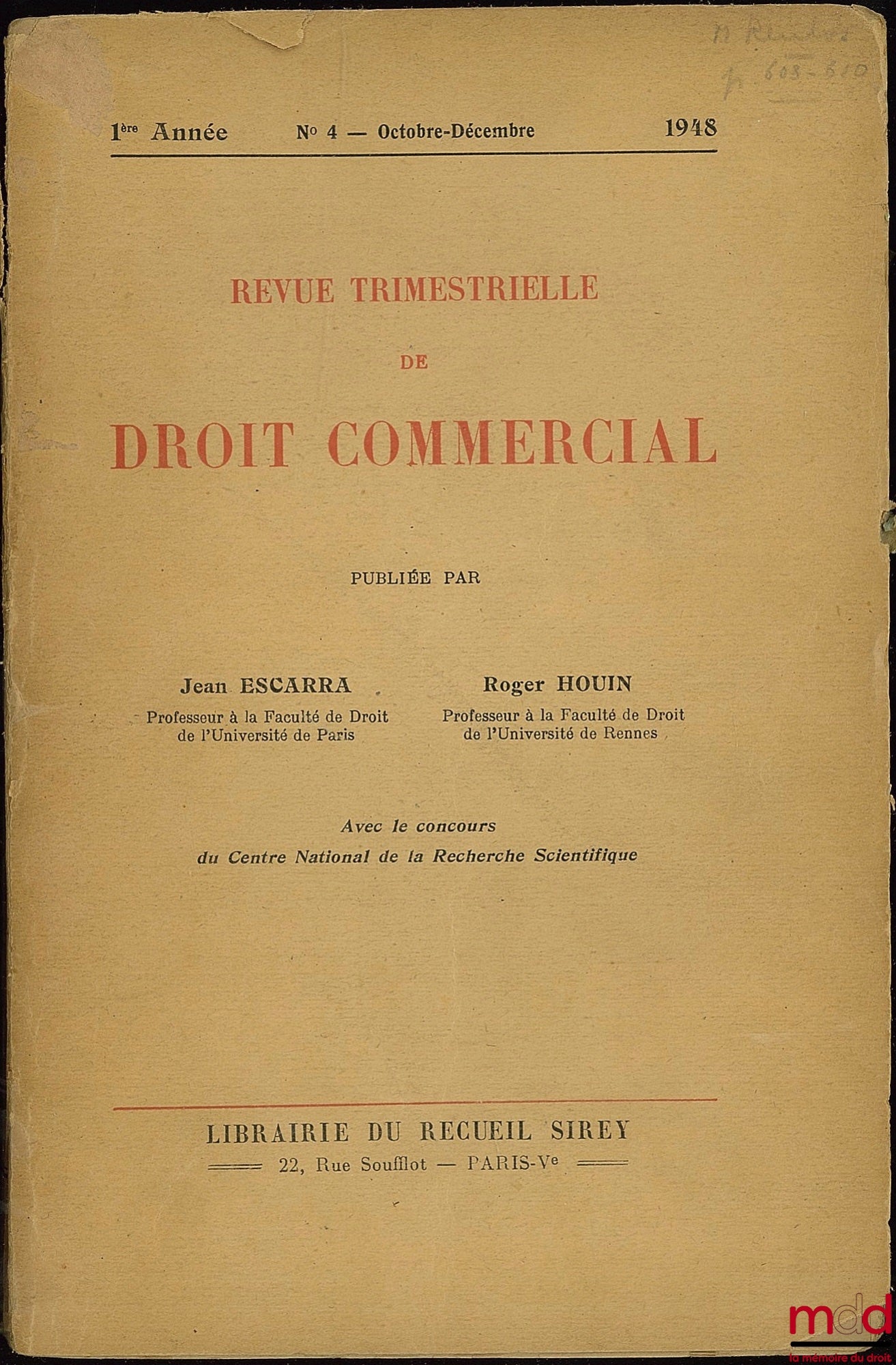 RTDCom. - ROUBIER ( Paul)] – P. Roubier, THÉORIE GÉNÉRALE DE L