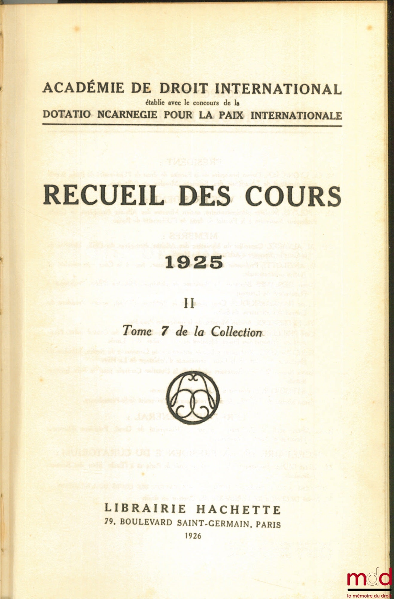 Collectif – RECUEIL DES COURS, Académie de droit international, 1925 -II, t. 7 de la collection