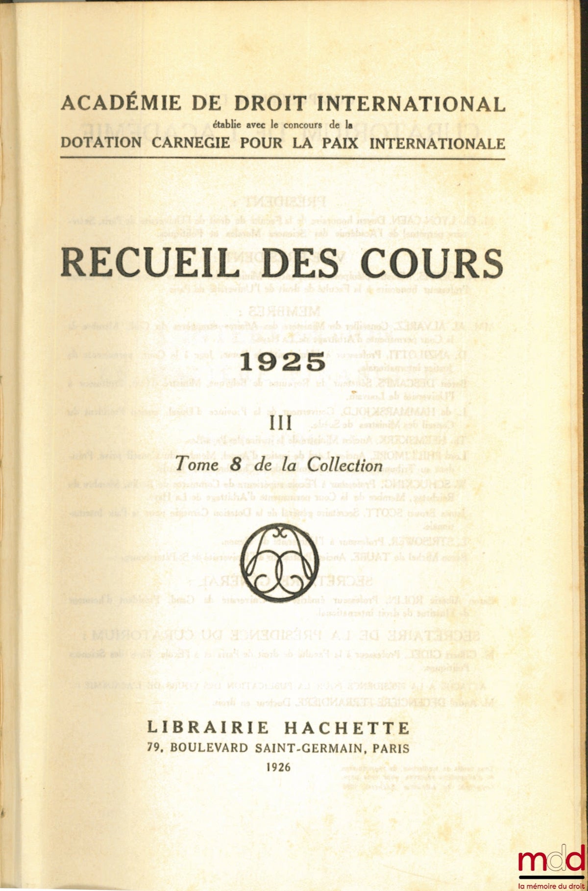 Collective – COLLECTION OF COURSES, Academy of International Law, 1925-III, vol. 8 of the collection