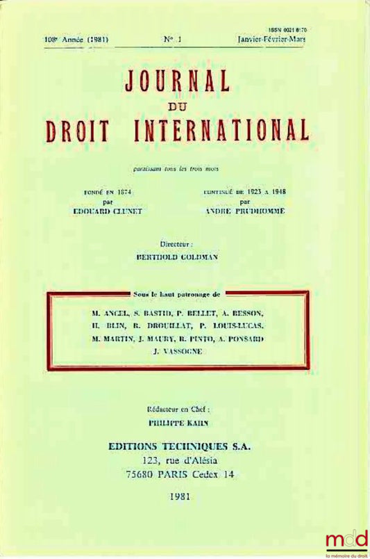 [Clunet] – JOURNAL OF INTERNATIONAL LAW, 108th year (1981) No. 1 (January-February-March)