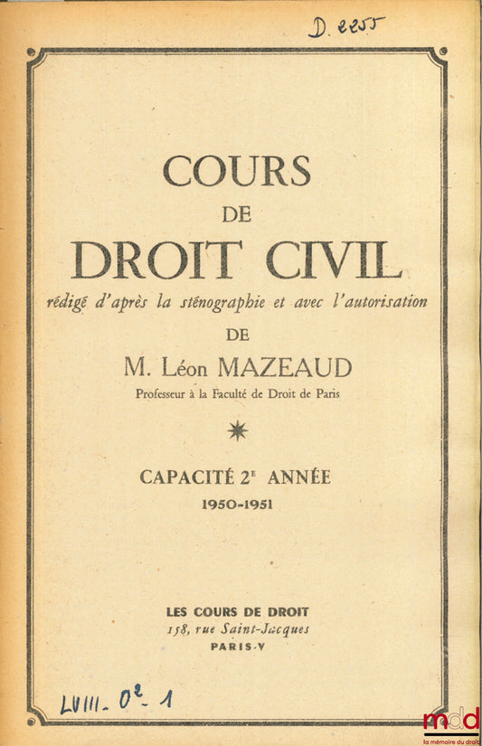 MAZEAUD (Léon) – COURSE IN CIVIL LAW, 2nd year of study, 1950-1951