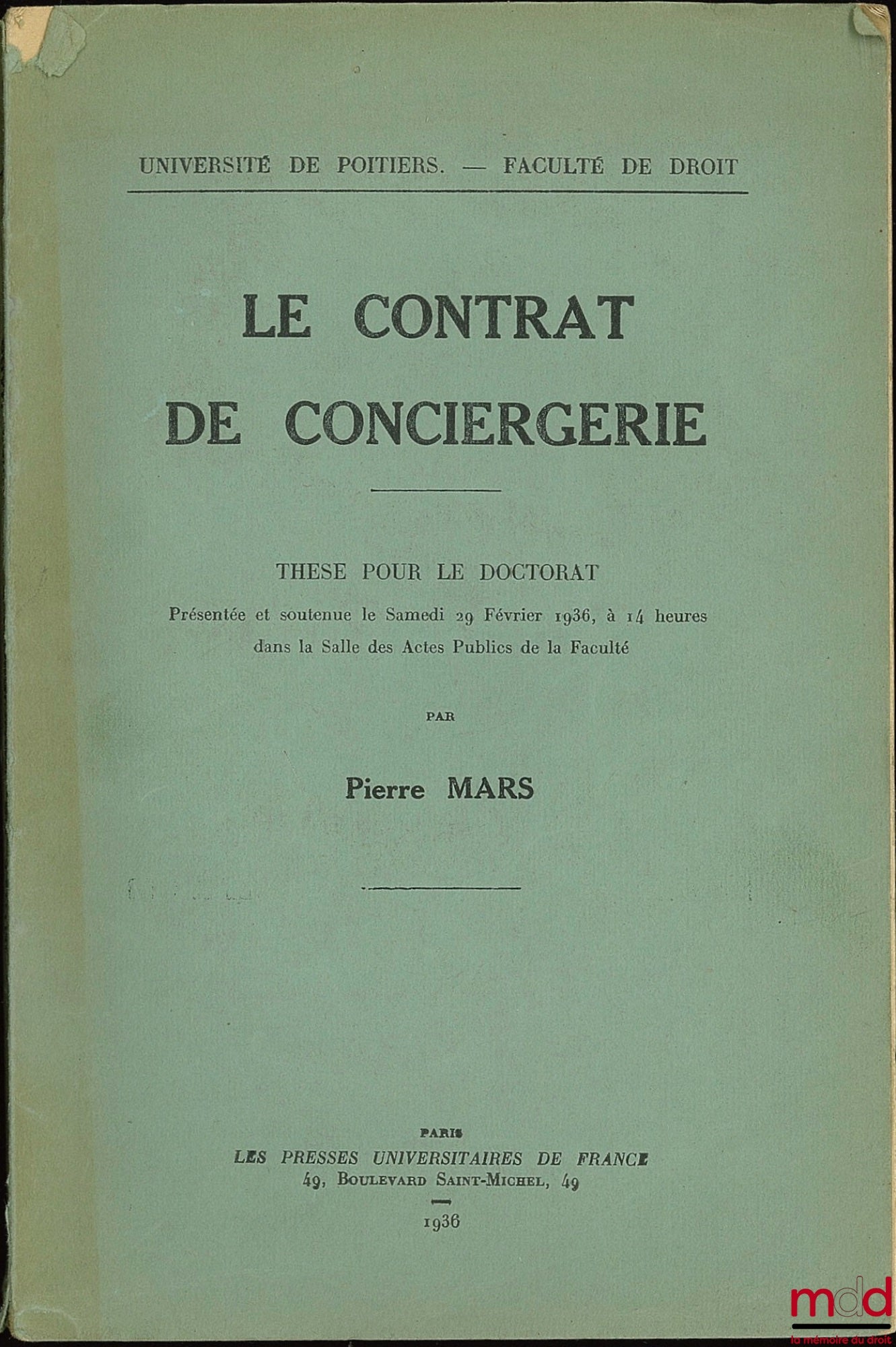 MARS (Pierre) – THE CONCIERGE CONTRACT, Faculty of Law of Poitiers
