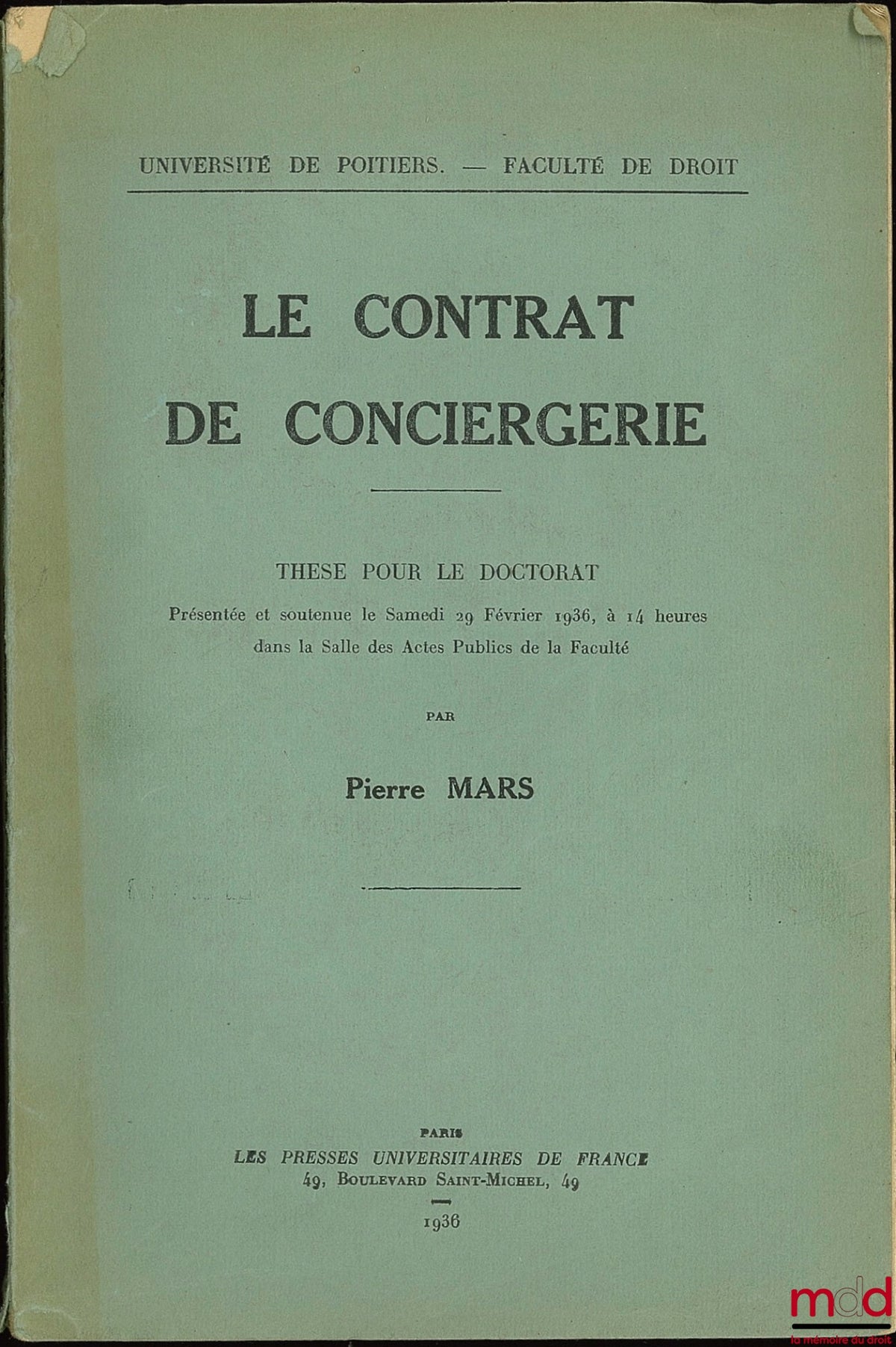 MARS (Pierre) – THE CONCIERGE CONTRACT, Faculty of Law of Poitiers
