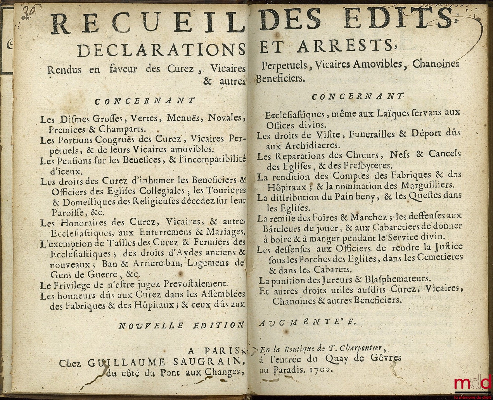 [Du Tillet (Jean)] – COLLECTION OF EDICTS, DECLARATIONS AND DECREES ISSUED IN FAVOR OF CURATES, PERPETUAL VICARERS, REMOVABLE VICARERS, CANONS & OTHER BENEFICIARIES concerning Tithes (...); the Quorums of Curates (...) Pensions on benefices
