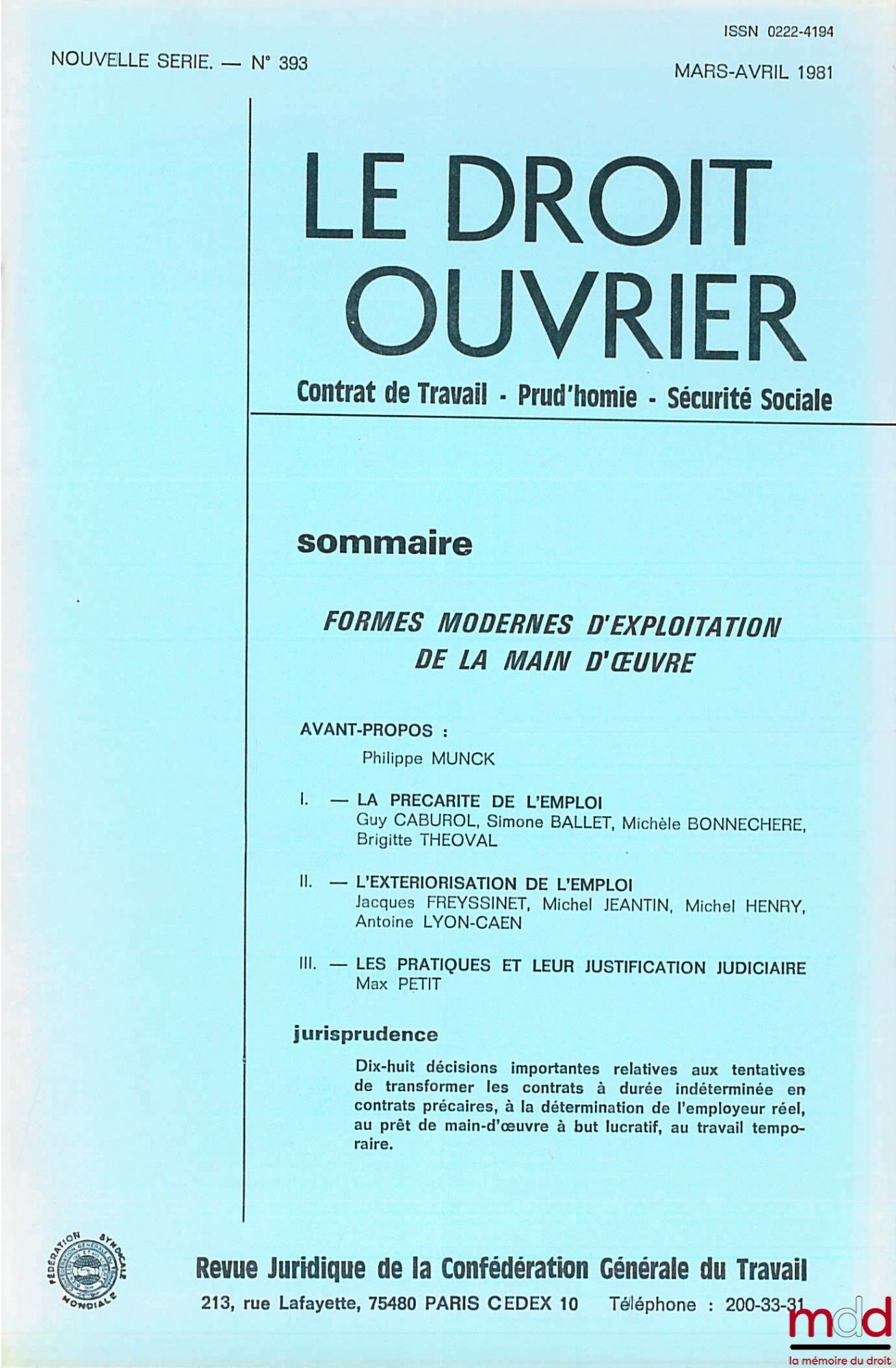[Labor Law] – MODERN FORMS OF LABOR EXPLOITATION, excerpt from the journal Le Droit Ouvrier, March-April 1981