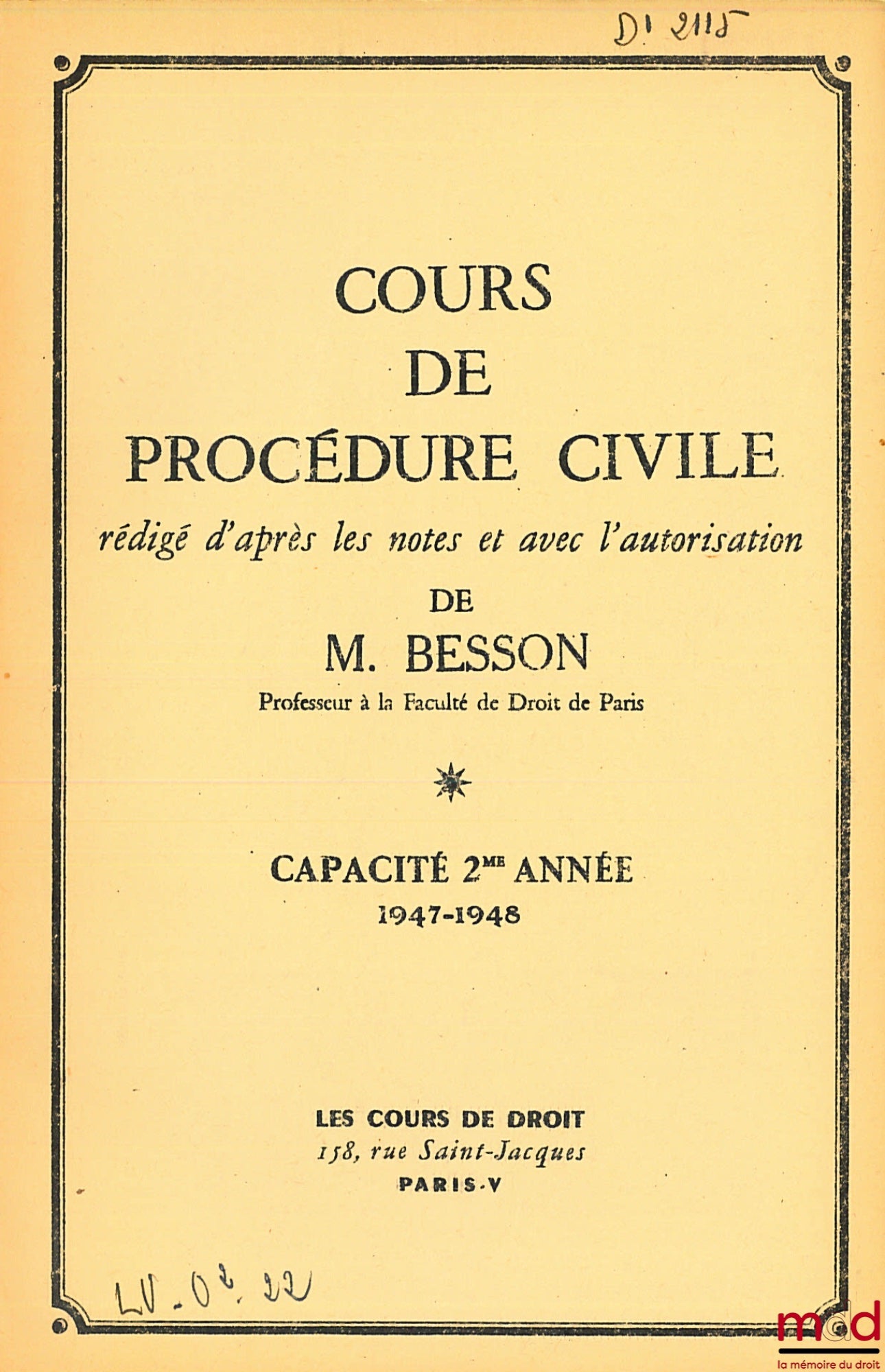 BESSON – COURSE IN CIVIL PROCEDURE, 2nd year, 1947-1948