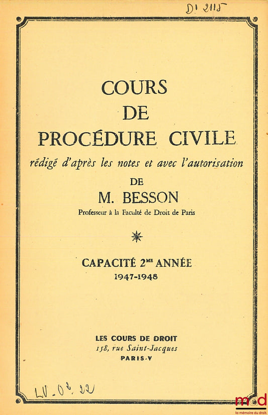 BESSON – COURSE IN CIVIL PROCEDURE, 2nd year, 1947-1948