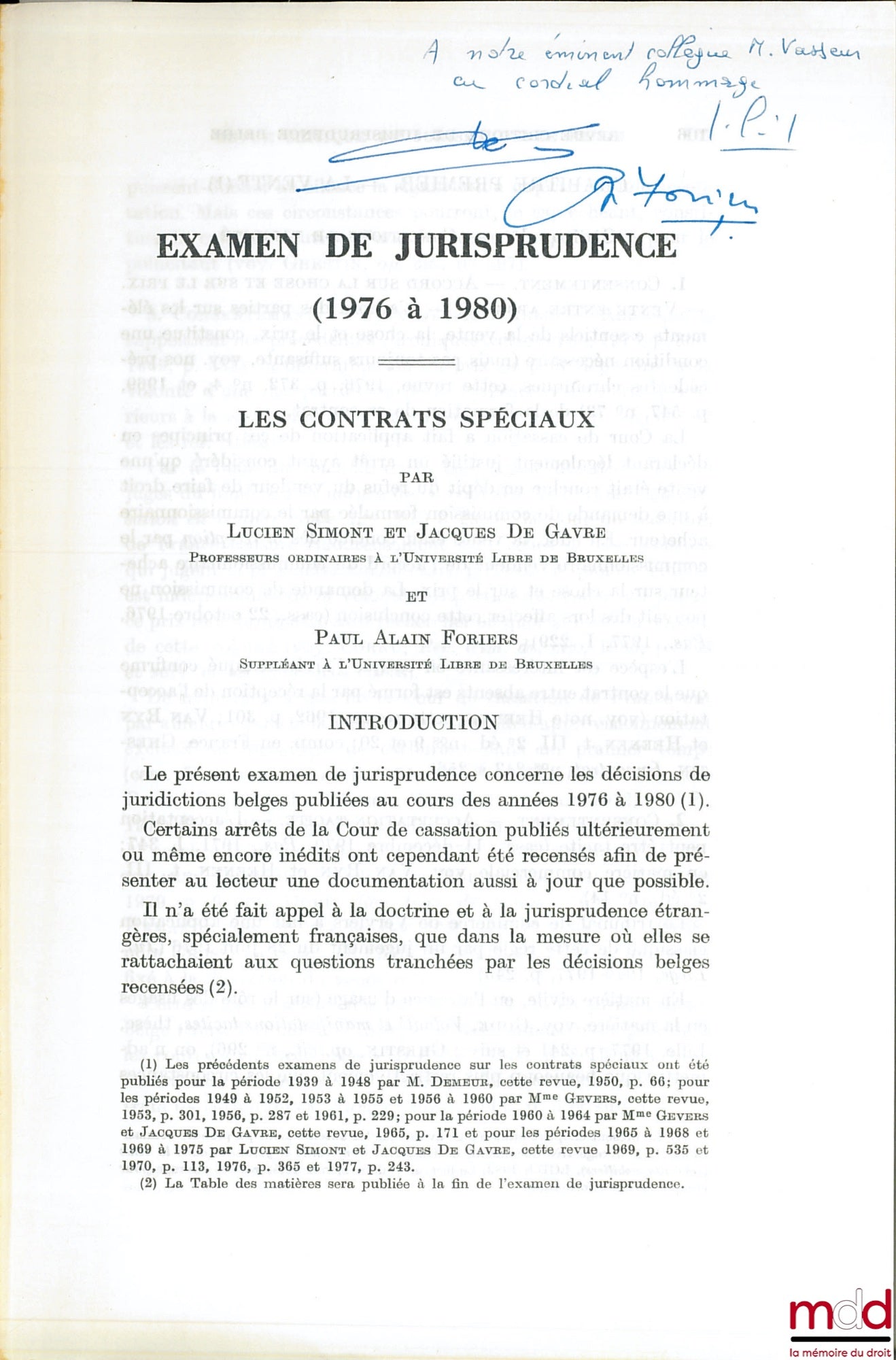 SIMONET (Lucien), GAVRE (Jacques de) and FORIERS (Paul Alain) – CASE LAW EXAMINATION (1976-1980) SPECIAL CONTRACTS, excerpt from the Belgian Critical Review of Case Law