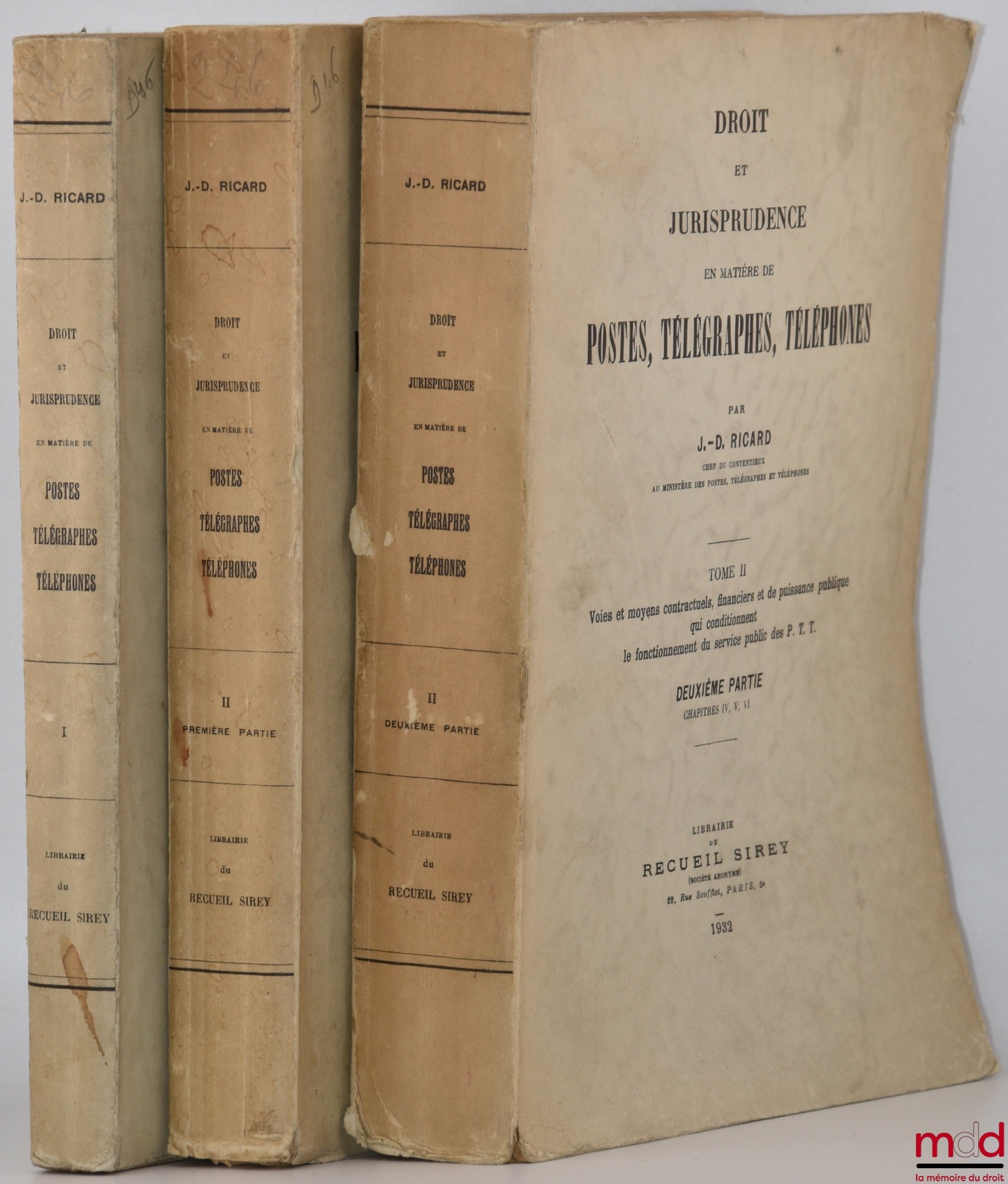 RICARD (J.-D.) – LAW AND JURISPRUDENCE CONCERNING POSTS, TELEGRAPHS, AND TELEPHONE SERVICES, Vol. I: Public Service, Administration, and Personnel of the PTT; Vol. II, Parts 1 and 2: Contractual, Financial, and Public Authority Means and Resources