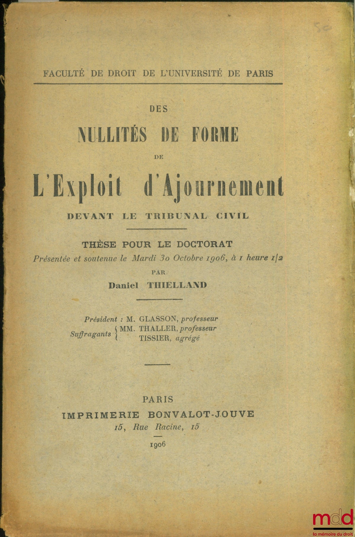 THIELLAND (Daniel) – PROPERTY DEFECTS IN THE ADJOURNMENT PROCEEDINGS BEFORE THE CIVIL COURT, Faculty of Law, University of Paris