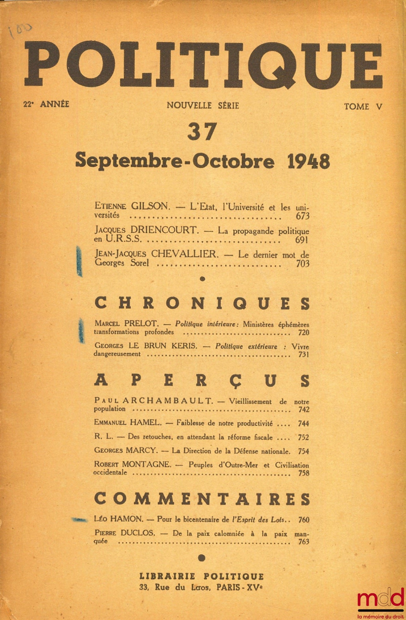 [Periodical] – POLITICS No. 37, 22nd year, Volume V, Sept.-October 1948