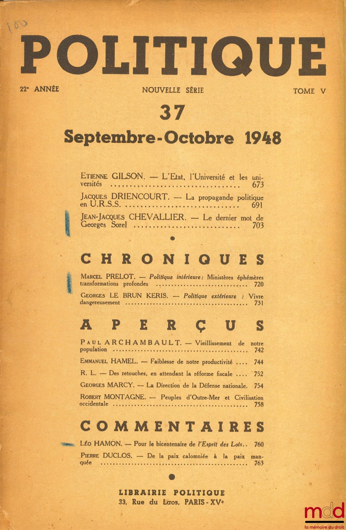 [Périodique] – POLITIQUE n° 37, 22e année, tome V, Sept.-Octobre 1948