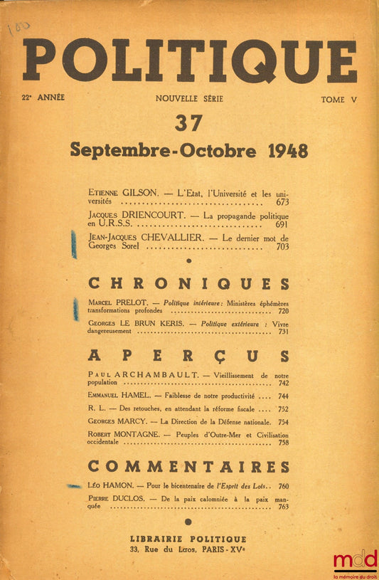 [Periodical] – POLITICS No. 37, 22nd year, Volume V, Sept.-October 1948