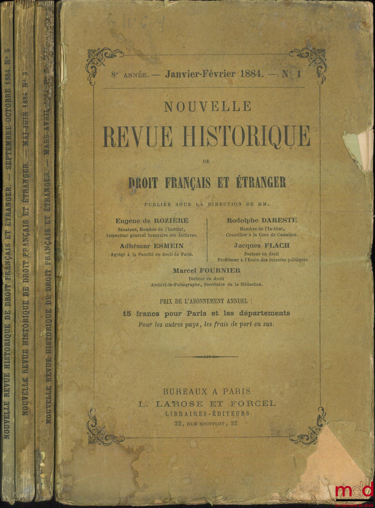 [RHD] – NOUVELLE REVUE HISTORIQUE DE DROIT FRANÇAIS ET ÉTRANGER, 8ème année, 1884, (fasc. n° 1, 2, 3, 5)