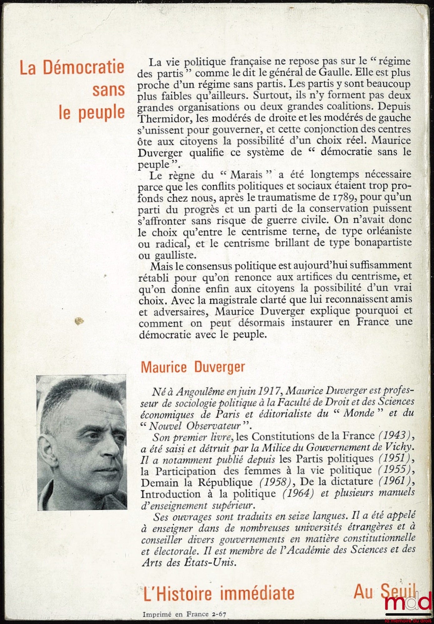 DUVERGER (Maurice) – DEMOCRACY WITHOUT THE PEOPLE, coll. Immediate History