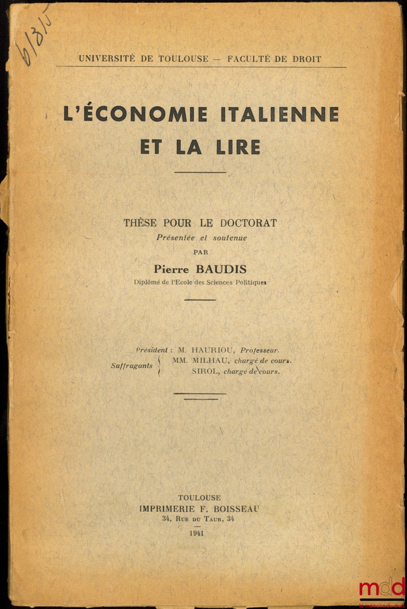 BAUDIS (Pierre) – THE ITALIAN ECONOMY AND READING, University of Toulouse - Faculty of Law