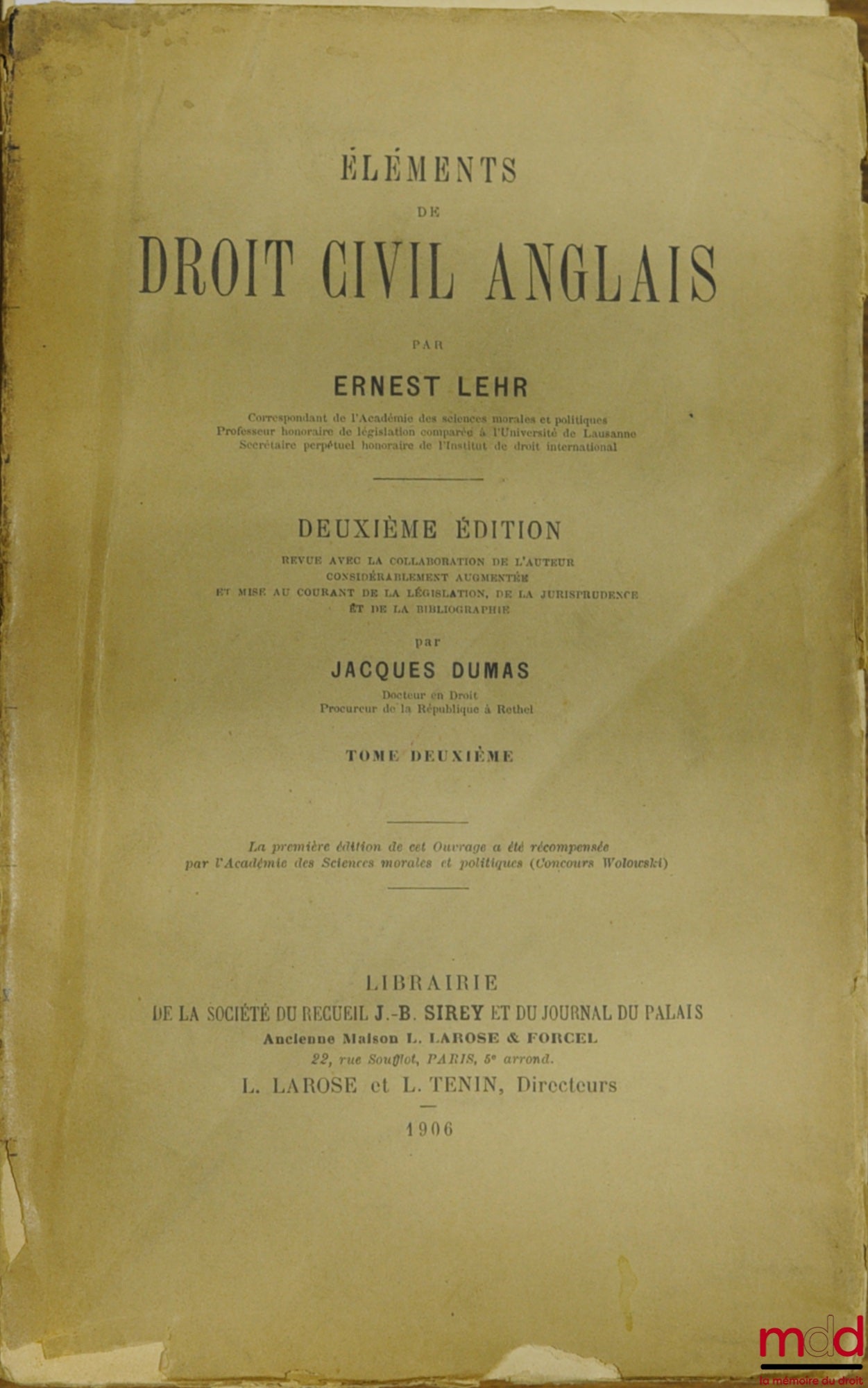 LEHR (Ernest) – ÉLÉMENTS DE DROIT CIVIL ANGLAIS, 2e éd. par Jacques DUMAS, t. 2 [seul]