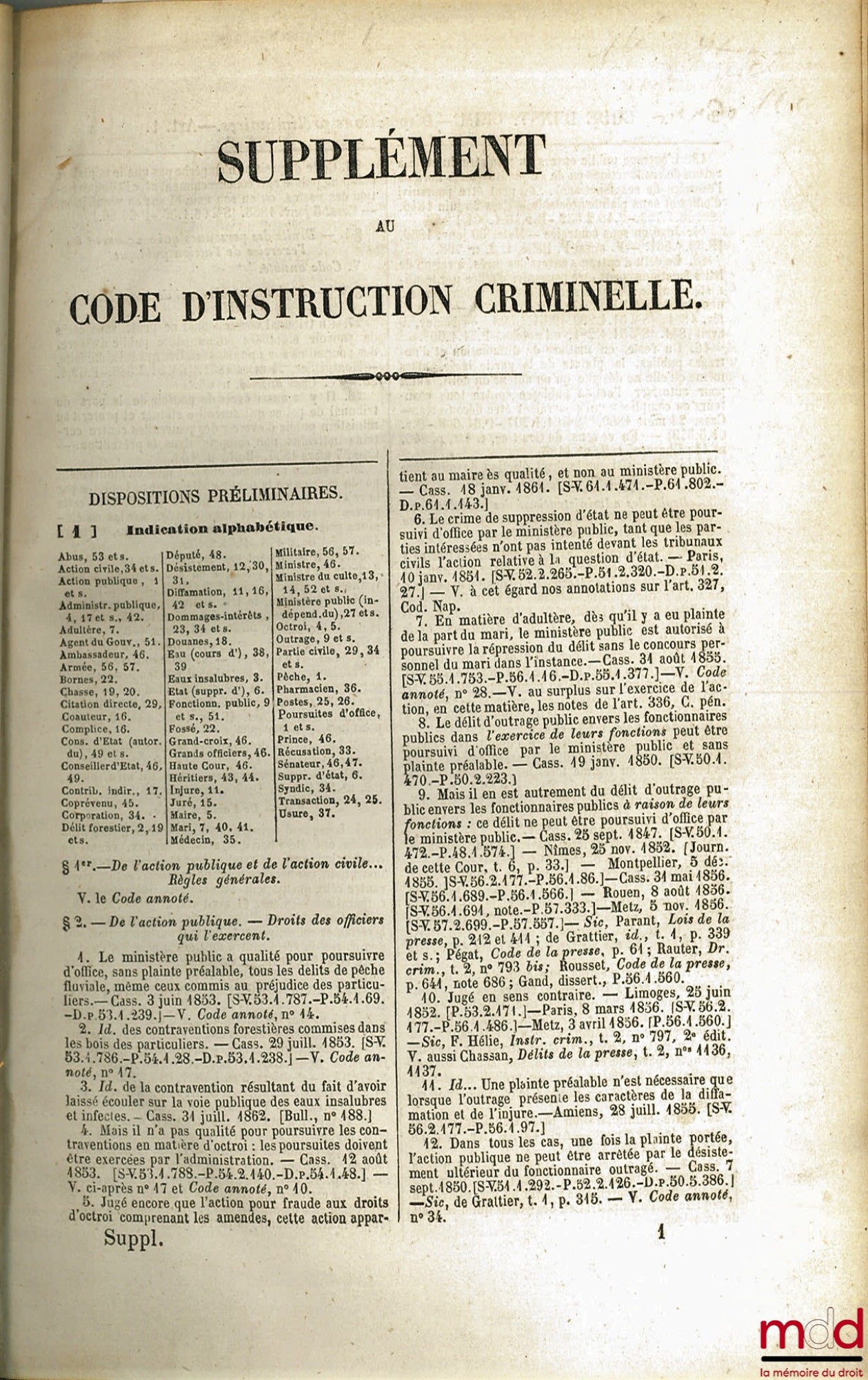 GILBERT (P.) – SUPPLEMENT TO THE CODE OF CRIMINAL INSTRUCTION (…) (Code annotated by SIREY)
