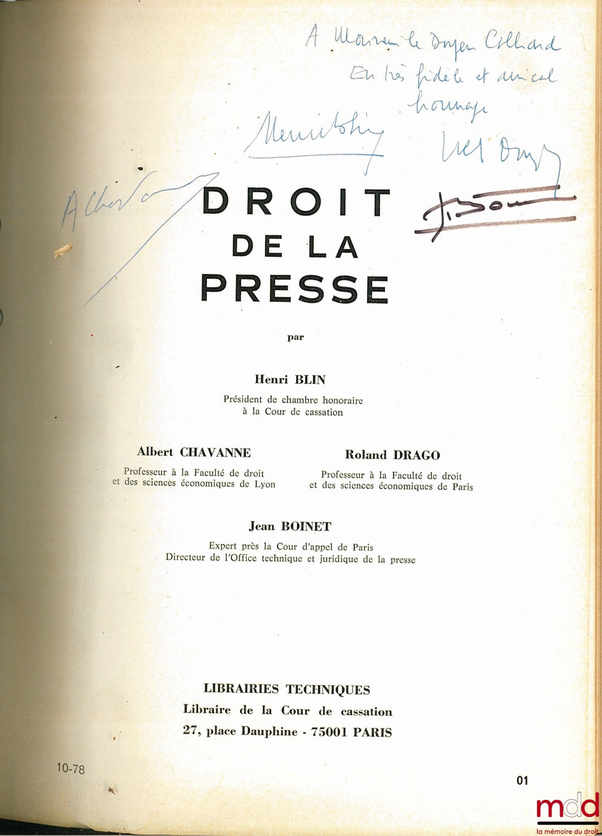 BLIN (Henri), CHAVANNE (Albert), DRAGO (Roland) and BOINET (Jean) – PRESS LAW, UPDATE BOOKLET OF THE 2nd ed.