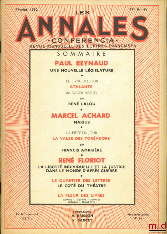 [Periodical] – LES ANNALES - Conferencia - Monthly Review of French Literature, February 1952