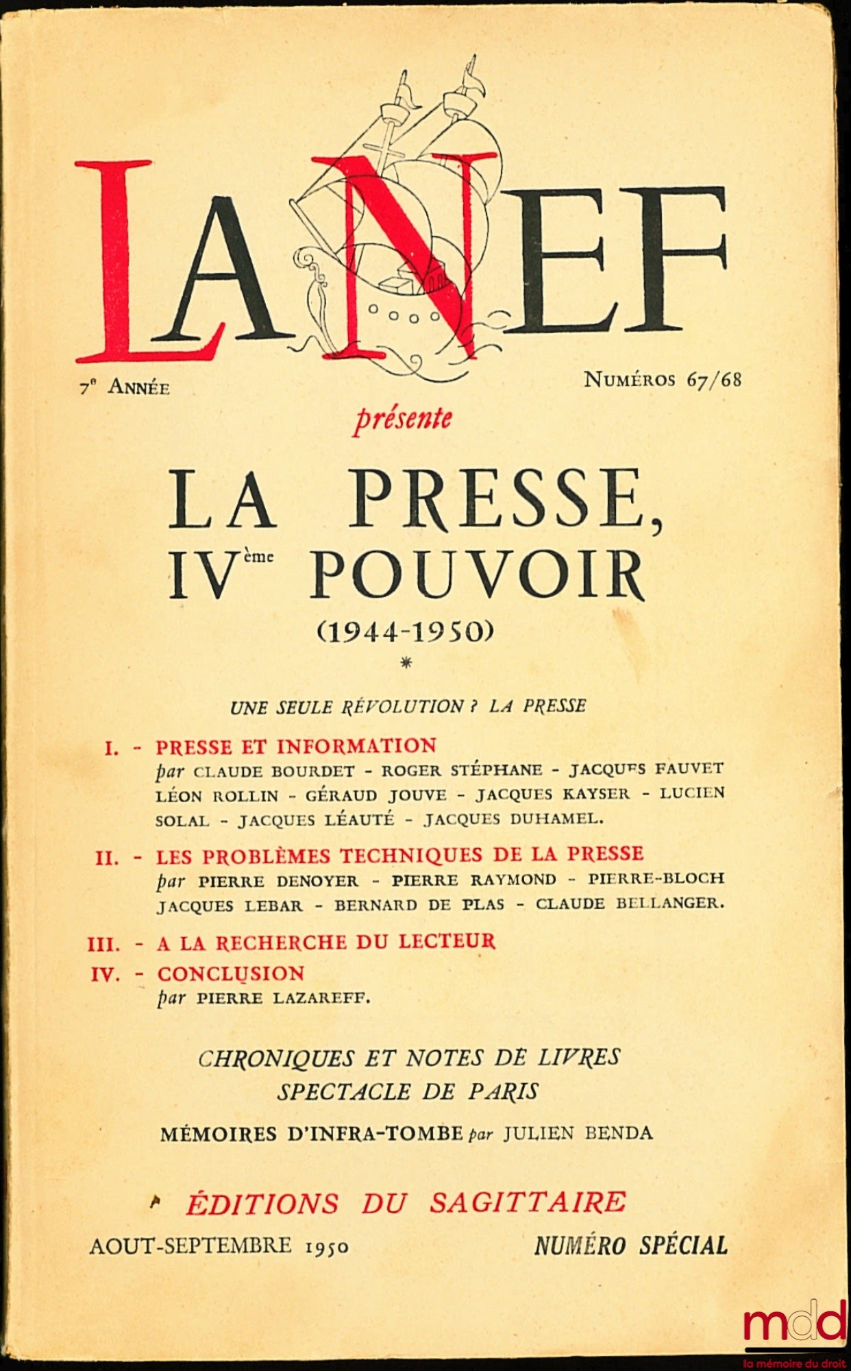 [Collective] – THE PRESS, FOURTH ESTATE (1944 - 1950), issue of LA NEF, 7th year, no. 67/68, special issue August-September 1950