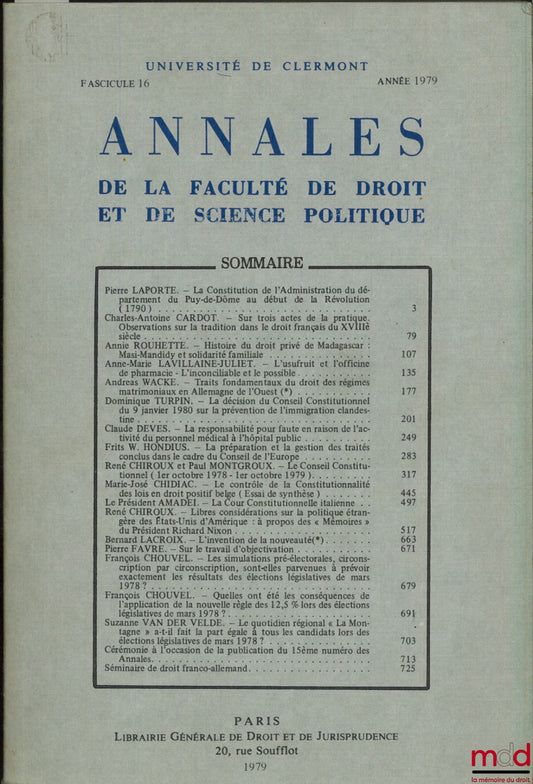[Collective, University of Clermont] – ANNALS OF THE FACULTY OF LAW AND POLITICAL SCIENCE, University of Clermont, Issue 16