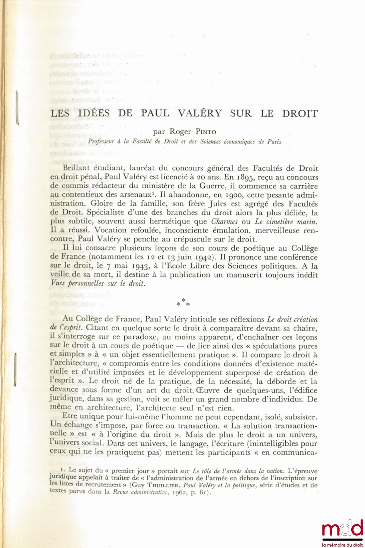PINTO (Roger) – LES IDÉES DE PAUL VALÉRY SUR LE DROIT