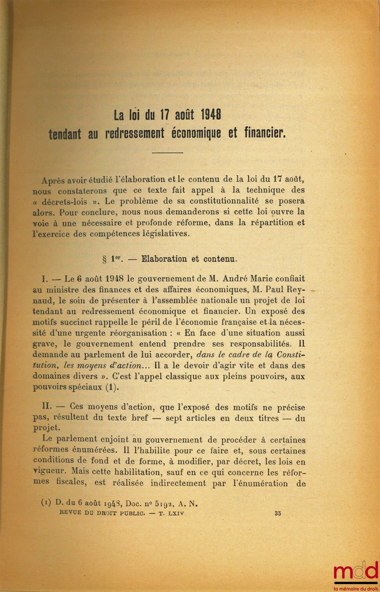 PINTO (Roger) – LA LOI DU 17 AOÛT 1948 TENDANT AU REDRESSEMENT ÉCONOMIQUE ET FINANCIER, extrait de la Revue du droit public, t. LXIV