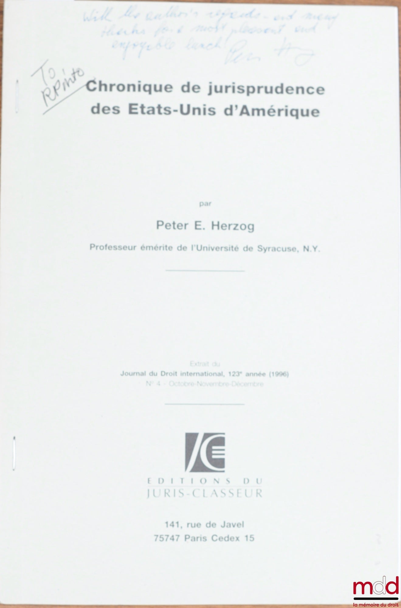 HERZOG (Peter E.) – CHRONIQUE DE JURISPRUDENCE DES ÉTATS-UNIS D’AMÉRIQUE, extrait du Journal du Droit international, 123ème année (1996)