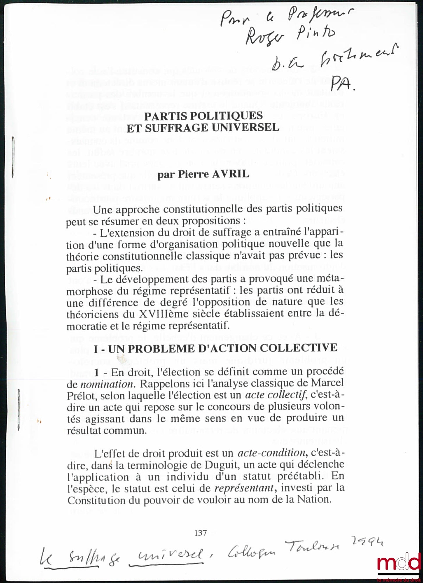 AVRIL (Pierre) – POLITICAL PARTIES AND UNIVERSAL SUFFRAGE, excerpt from Universal Suffrage, conference, Toulouse 1994