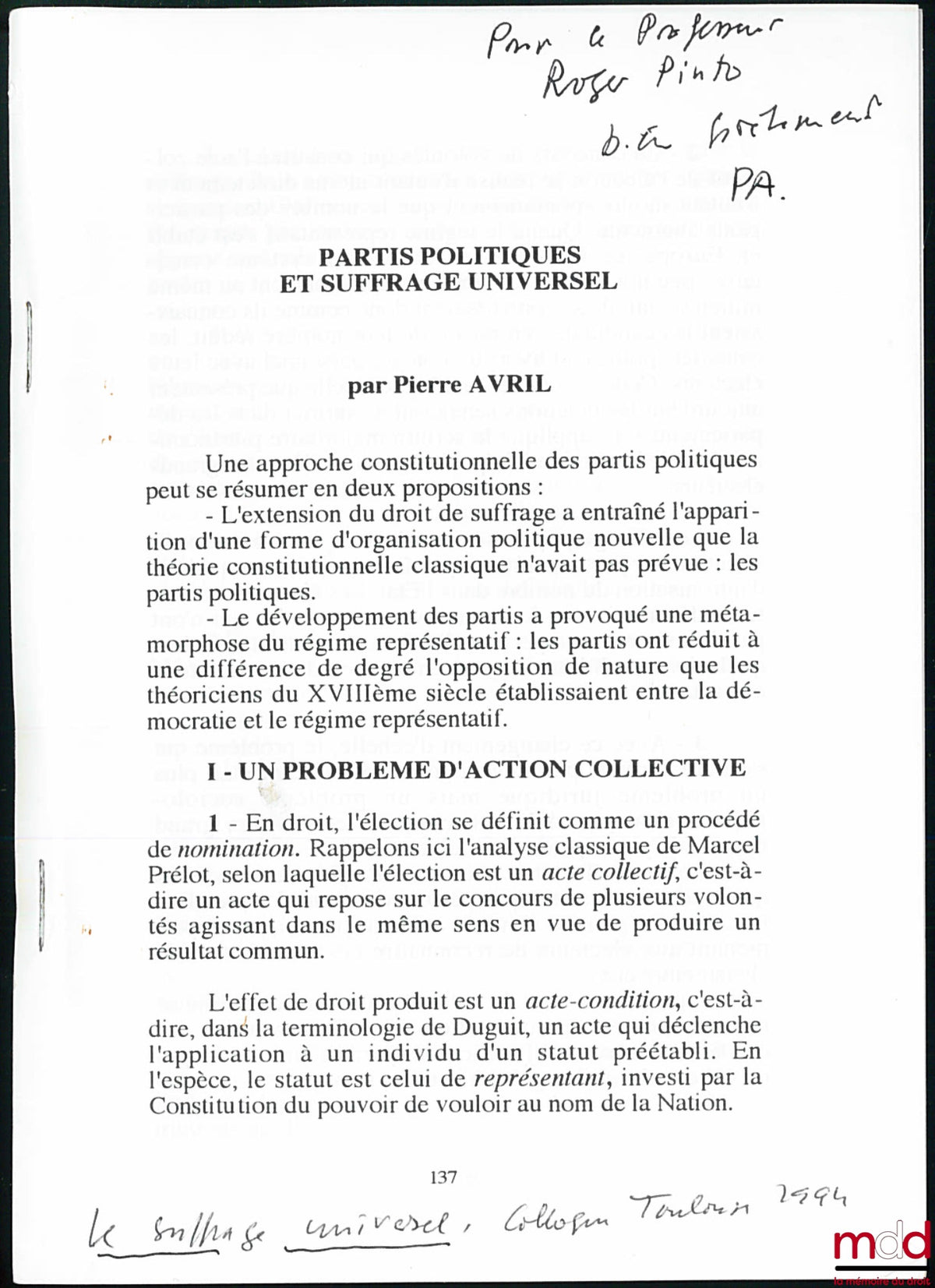 AVRIL (Pierre) – POLITICAL PARTIES AND UNIVERSAL SUFFRAGE, excerpt from Universal Suffrage, conference, Toulouse 1994