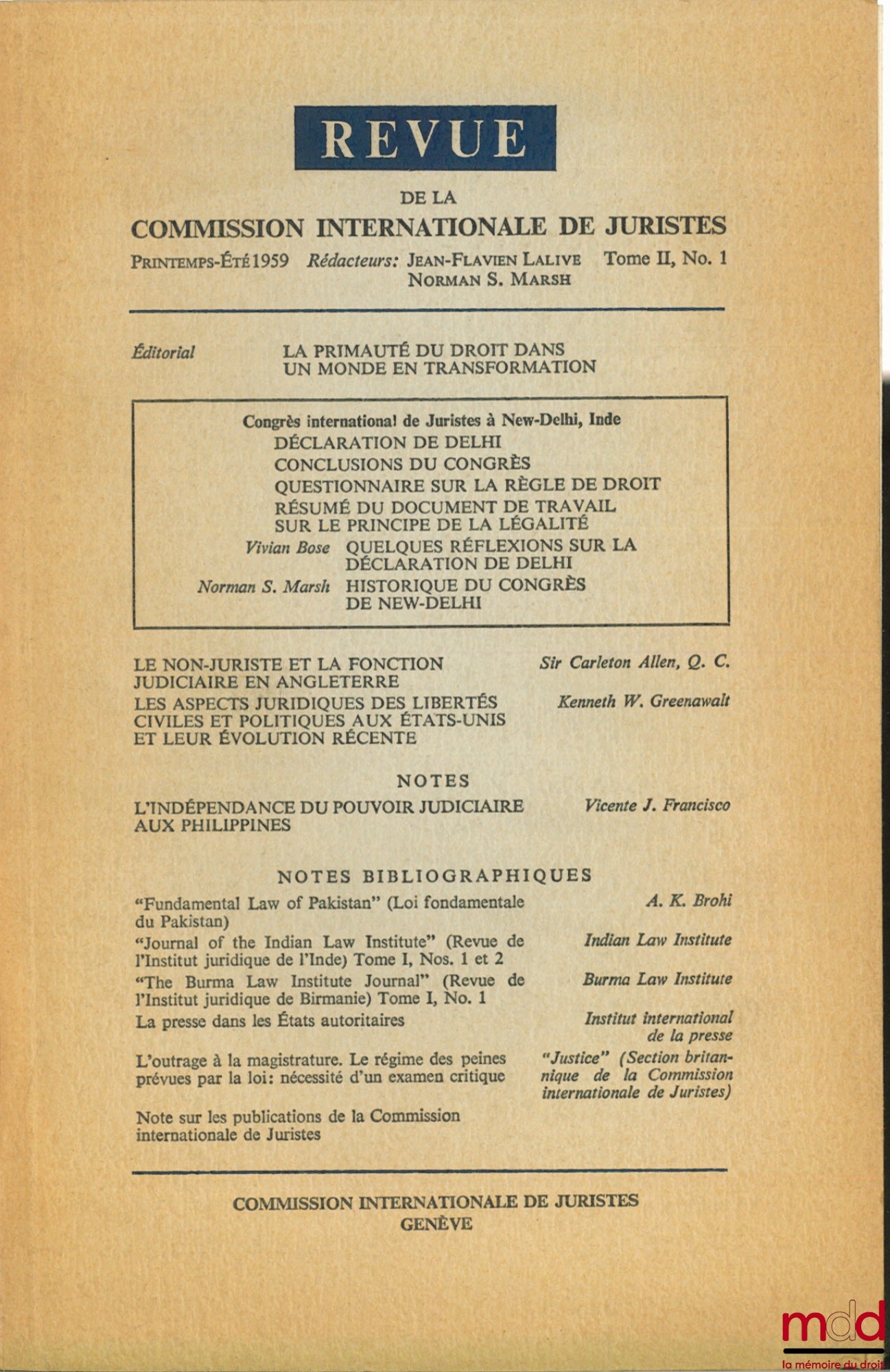 [Periodical] – REVIEW OF THE INTERNATIONAL COMMISSION OF JURISTS, Volume II, No. 1, Spring-Summer 1959