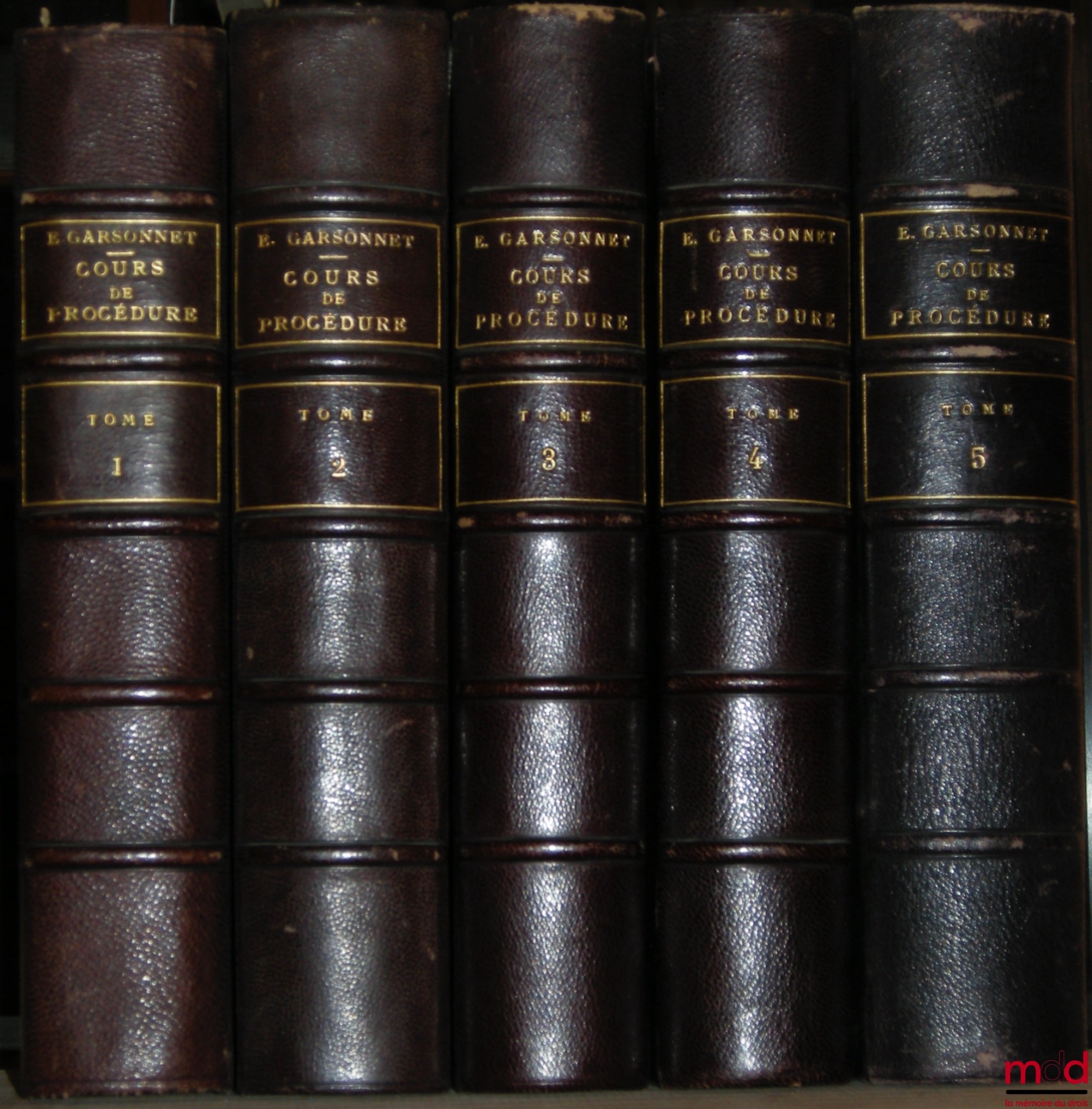 GARSONNET (Eugène) – COURSE AND THEORETICAL AND PRACTICAL TREATISE ON PROCEDURE, JUDICIAL ORGANIZATION, JURISDICTION AND PROCEDURE IN CIVIL AND COMMERCIAL MATTERS, 5 vols. (out of 7 in total)