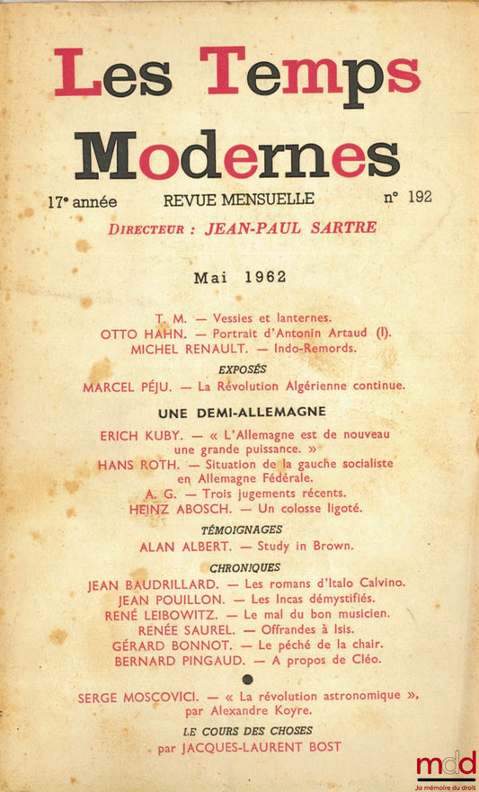 [Periodical] – LES TEMPS MODERNES, 17th year, May 1962, no. 192