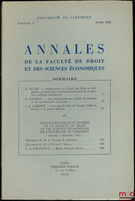 Annals of the Faculty of Law and Economics, University of Clermont, fasc. 3, year 1966