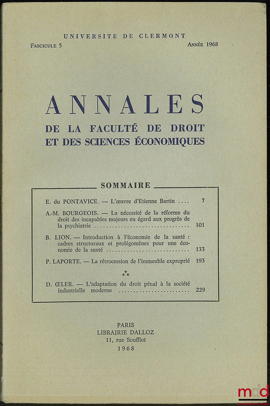 Annals of the Faculty of Law and Economics, University of Clermont, fasc. 5, year 1968