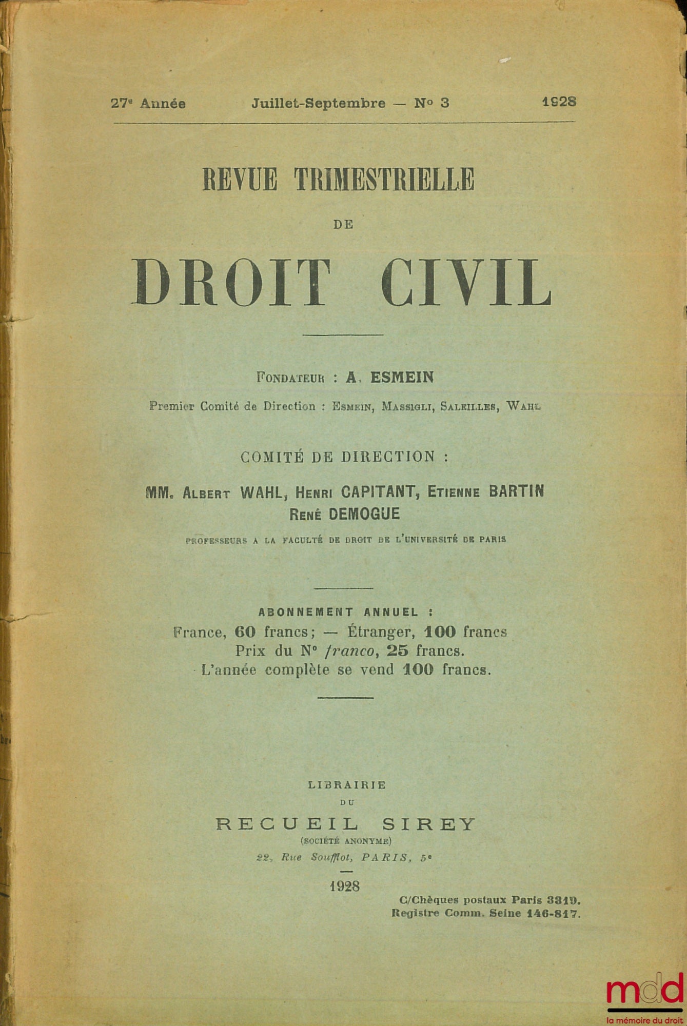 [Quarterly Review of Civil Law] – Quarterly Review of Civil Law, No. 3, July-September 1928