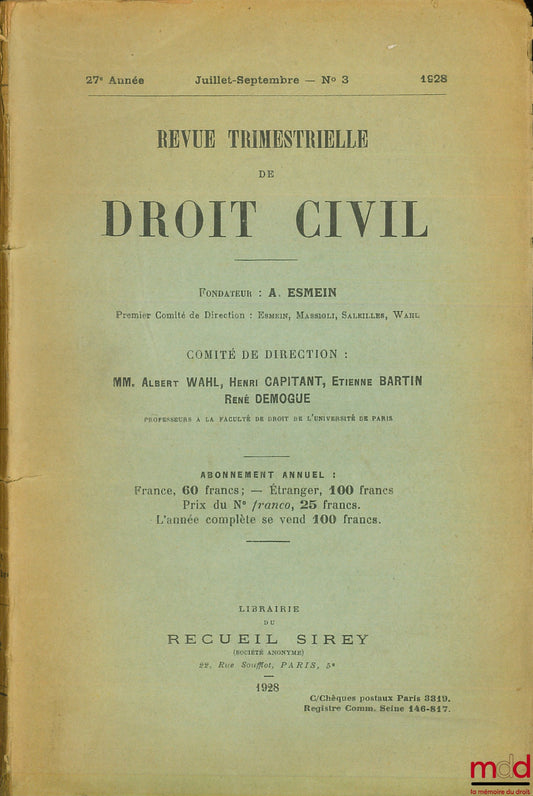 [Quarterly Review of Civil Law] – Quarterly Review of Civil Law, No. 3, July-September 1928