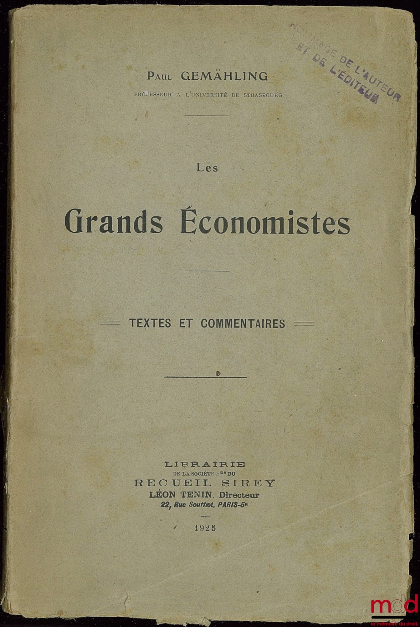 GEMÄHLING (Paul) – LES GRANDS ÉCONOMISTES, Textes et commentaires