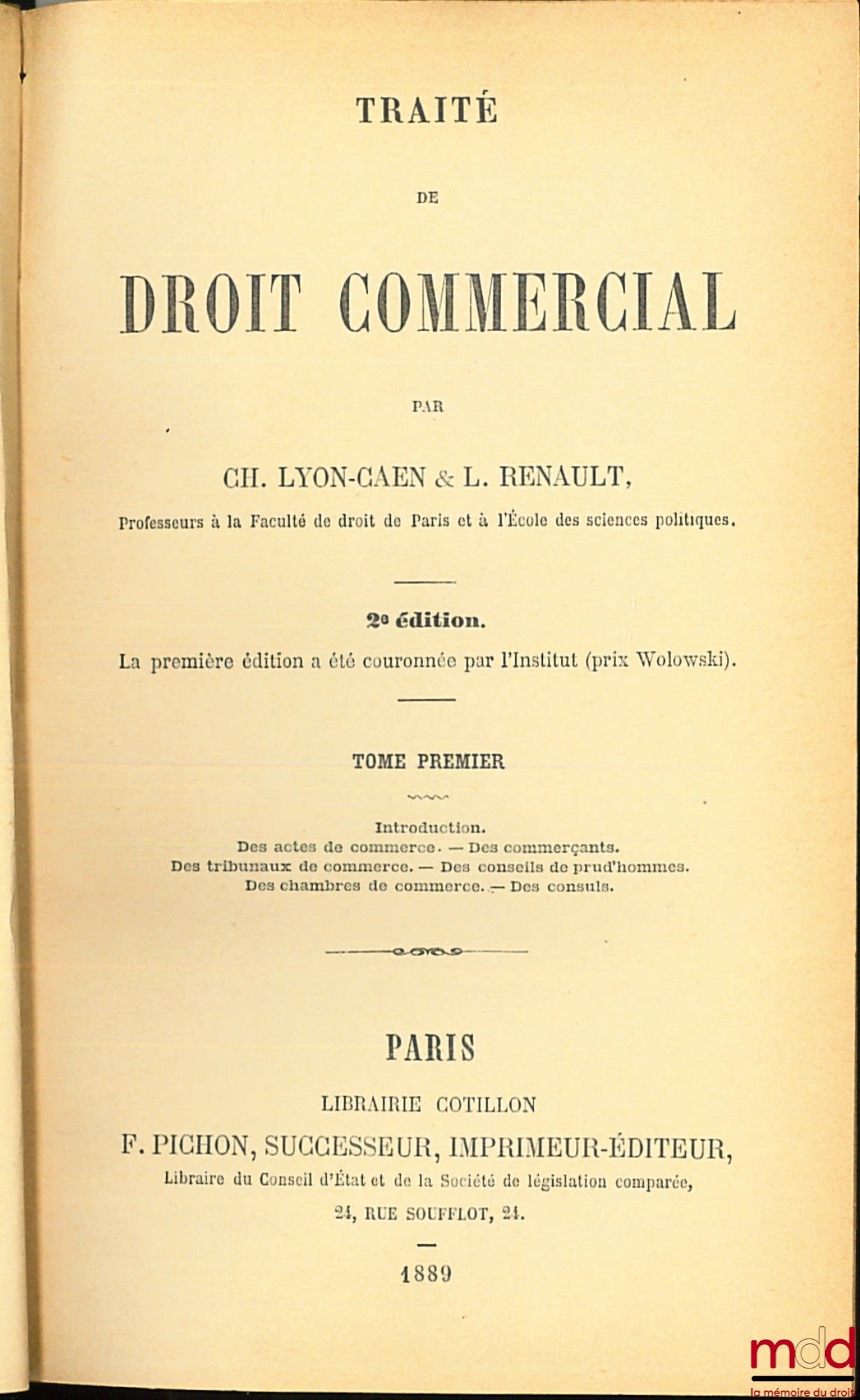 LYON-CAEN (Charles) and RENAULT (Louis) – TREATISE ON COMMERCIAL LAW, vol. I and vol. IV, 2nd ed.