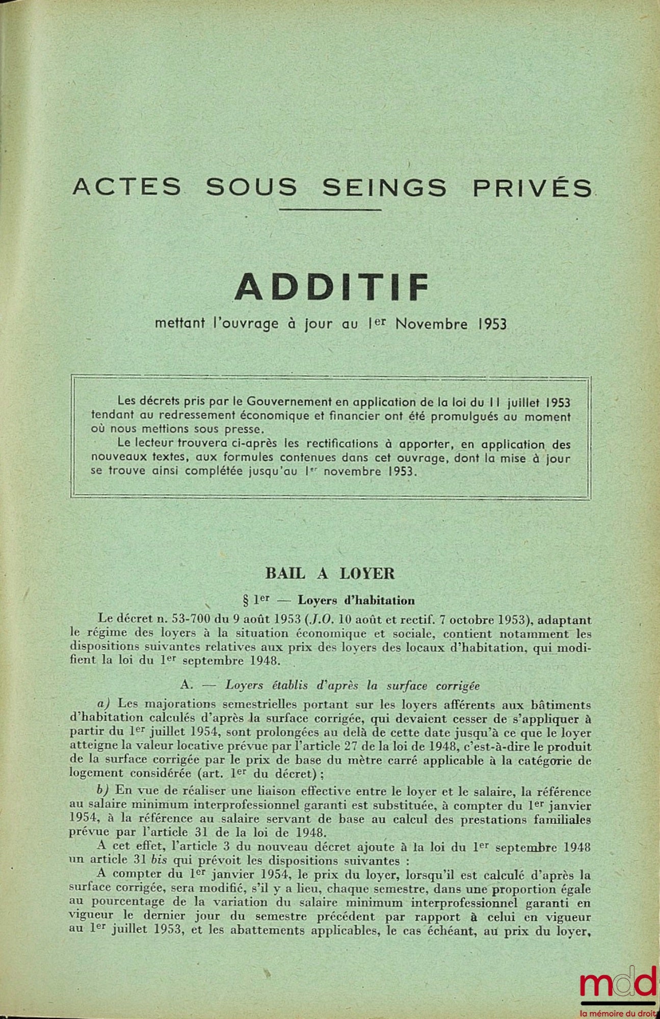 LAINEY – FORM FOR USUAL PRIVATE AGREEMENTS, 10th ed. completely revised and updated by Bernard LECOURT with Addendum updating to November 1, 1953