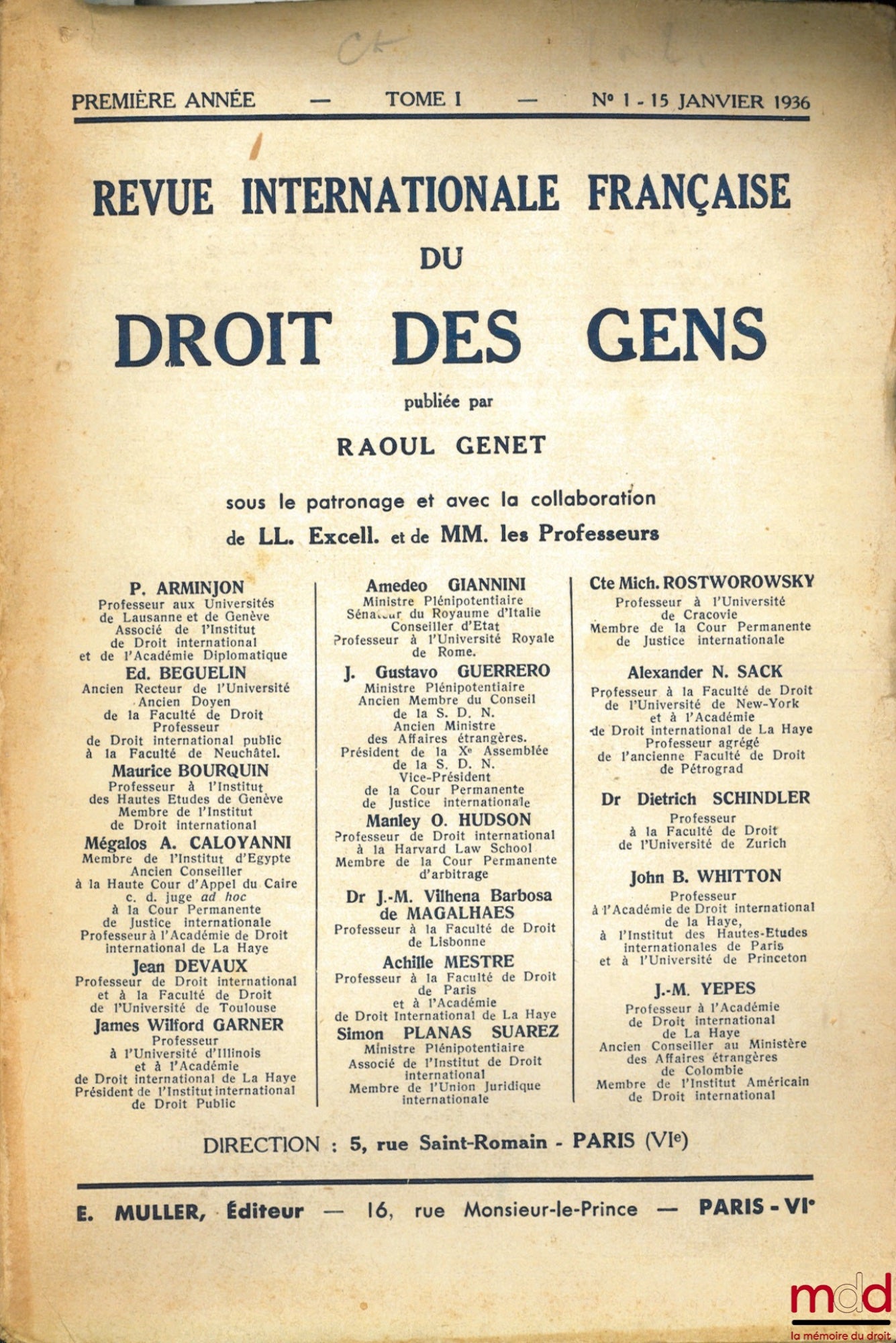 [Periodical] – FRENCH INTERNATIONAL REVIEW OF THE LAW OF GENRES, January to May 1936