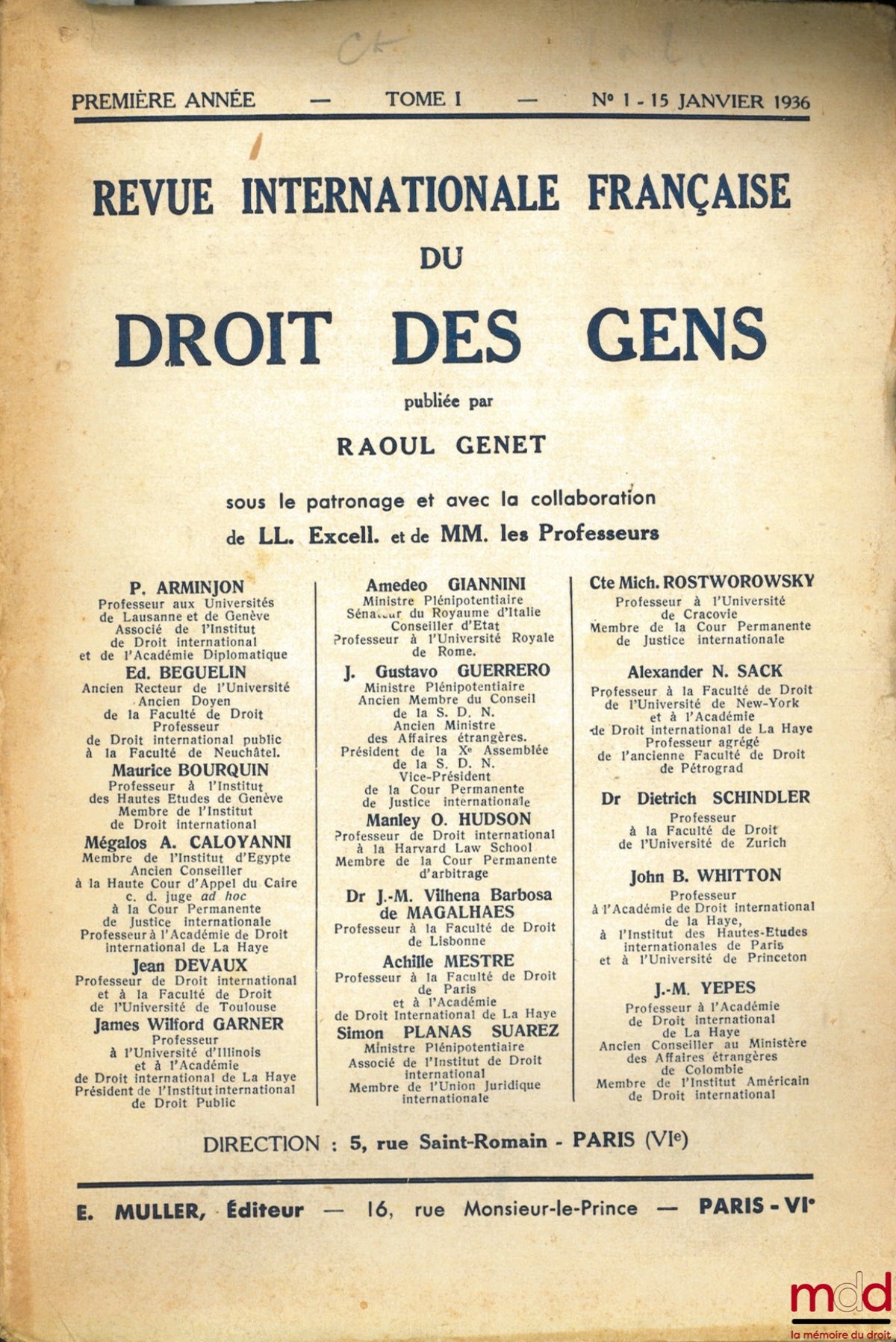 [Periodical] – FRENCH INTERNATIONAL REVIEW OF THE LAW OF GENRES, January to May 1936