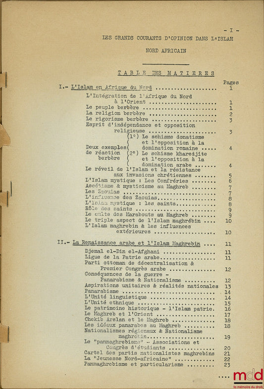 LAROQUE (Pierre) [?] or anonymous – THE MAJOR CURRENTS OF OPINION IN NORTH AFRICAN ISLAM