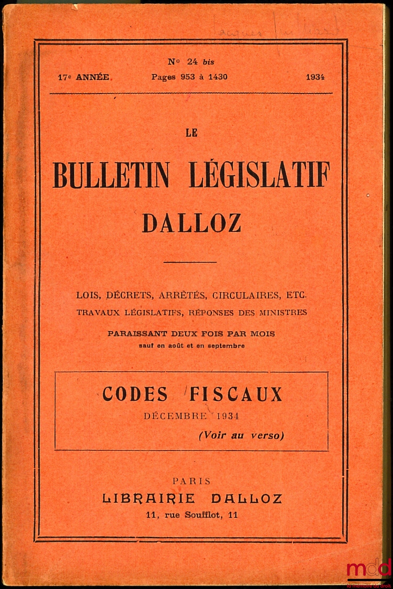 LE BULLETIN LÉGISLATIF DALLOZ, CODES FISCAUX DECEMBRE 1934