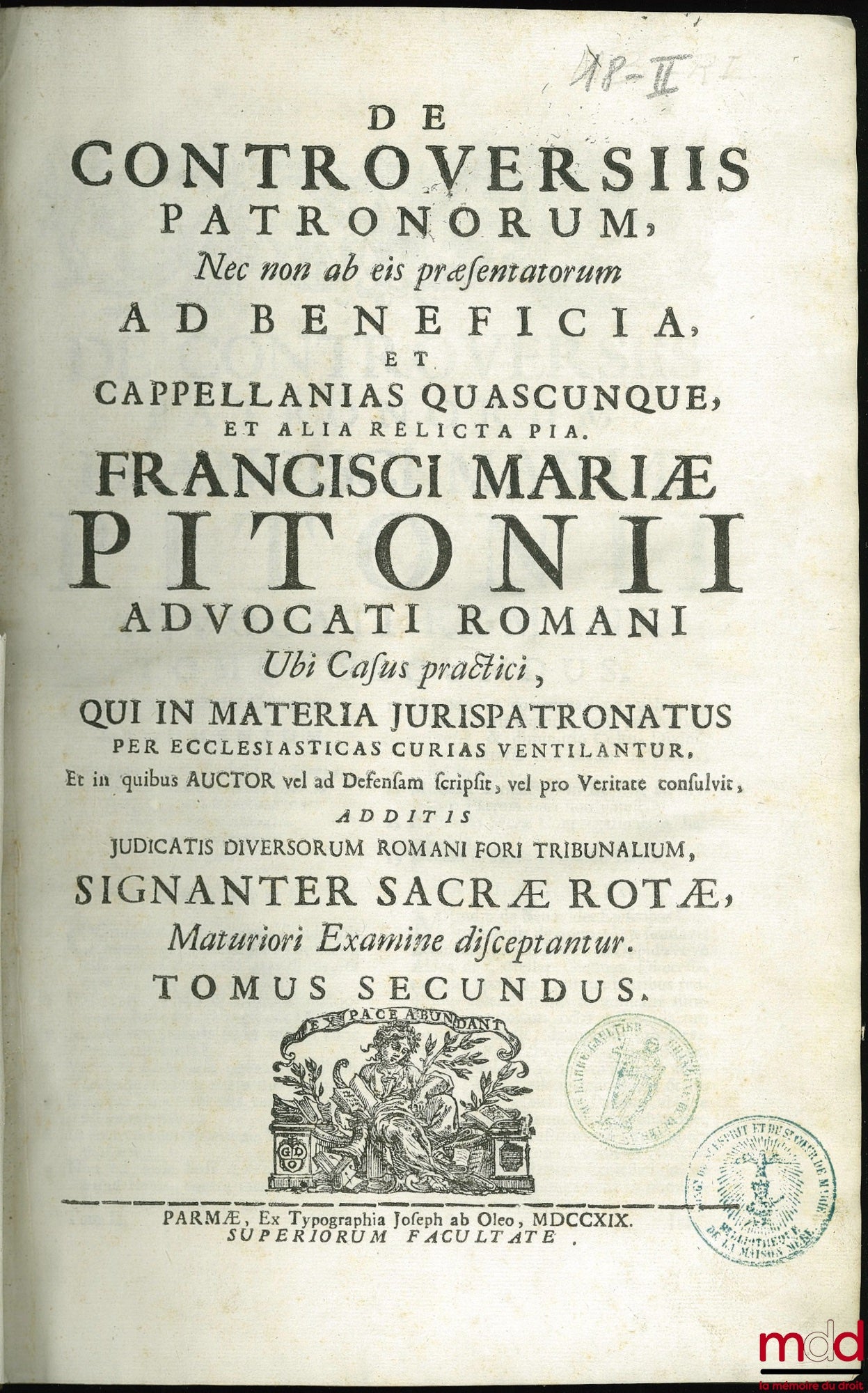 PITONI (François-Marie) – DE CONTROVERSIIS PATRONORUM, volume 2 only