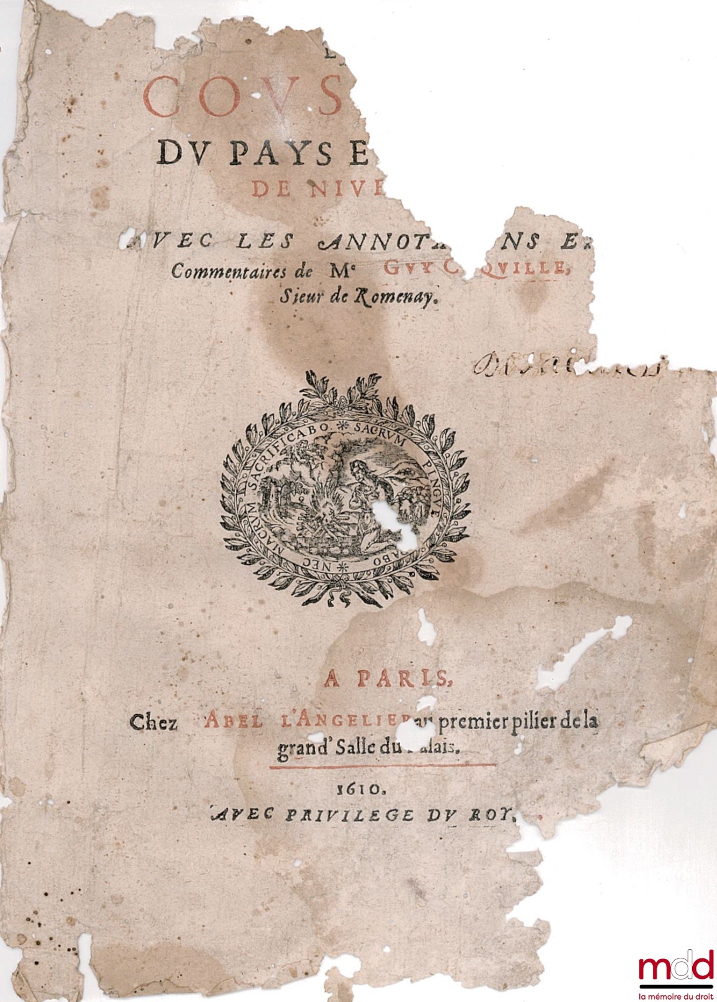 COQUILLE (Guy) – THE CUSTOMS OF THE COUNTRY AND DUCHY OF NIVERNOIS, with annotations and commentary by G. Coquille
