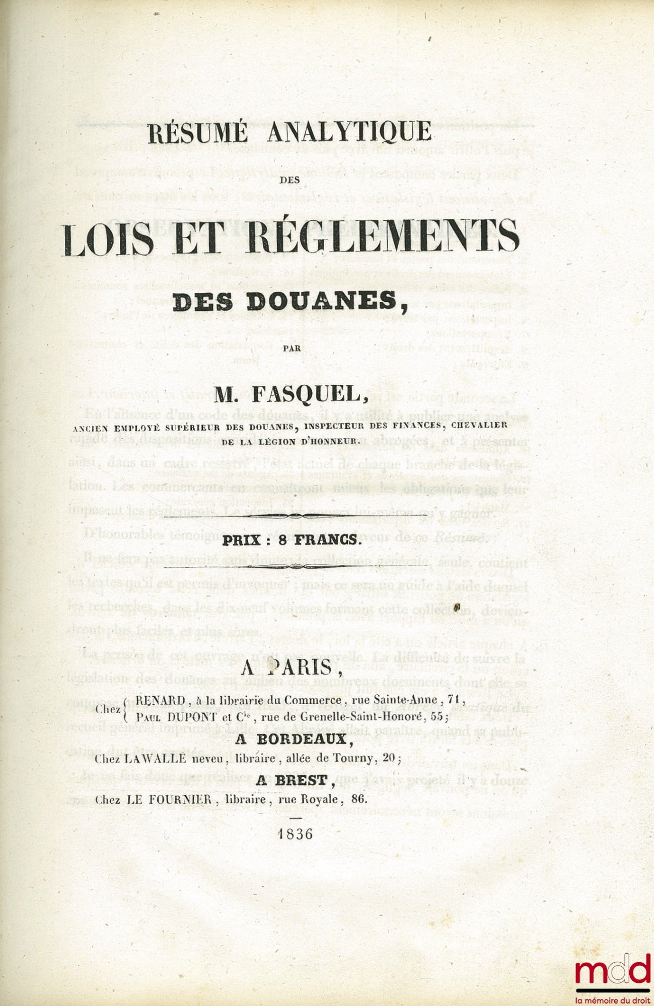 FASQUEL (M.) – ANALYTICAL SUMMARY OF CUSTOMS LAWS AND REGULATIONS