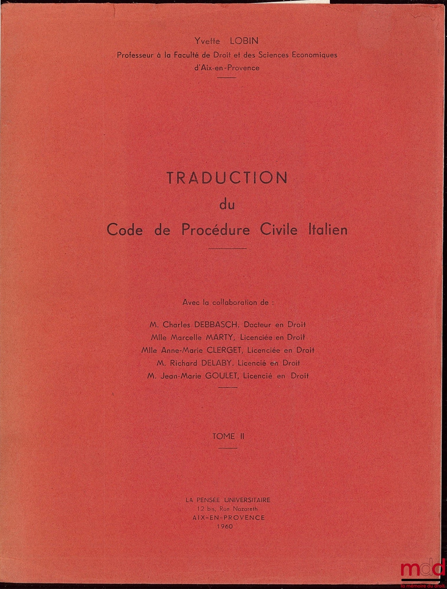 [Collectif] LOBIN (Yvette) – TRADUCTION DU CODE DE PROCÉDURE CIVILE ITALIEN