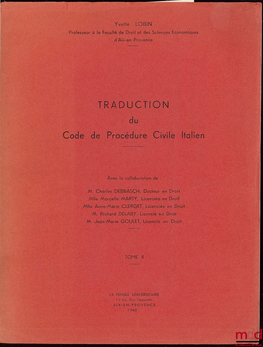 [Collectif] LOBIN (Yvette) – TRADUCTION DU CODE DE PROCÉDURE CIVILE ITALIEN